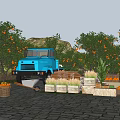 Scenic Garden Landscape with Orange Trees Blue Truck Fruit Stalls and Stone Pavement