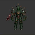Mythical Warrior Character In Black Red Spiked Armor With Horns Weapon And Glowing Red Elements