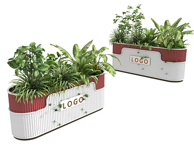 Bonsai Potted Plants in White Red Rectangular Planters with Various Green Plants Featuring LOGO 3d model
