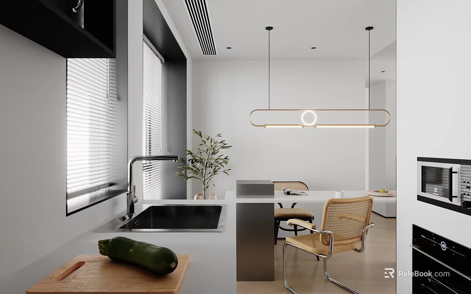 Modern Open Restaurant Interior Design With Island Counter And Pendant Lights 3d model 