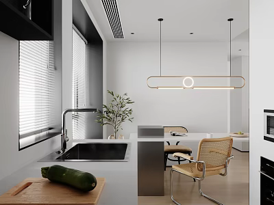Modern Open Restaurant Interior Design With Island Counter And Pendant Lights 3d model