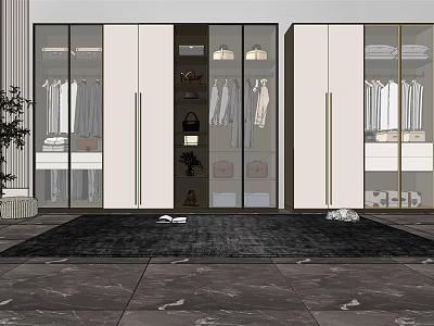 Modern Wardrobe Interior With Glass Doors Hanging Rods And Storage Shelves Design 3d model