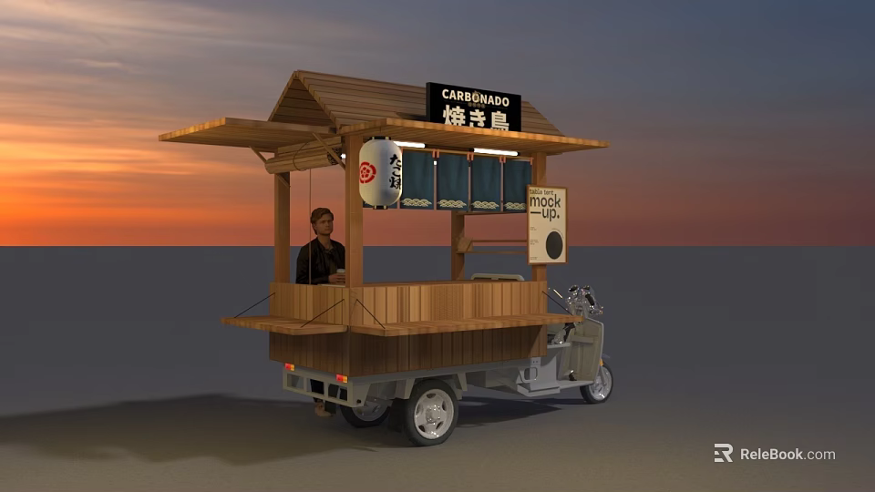 Wooden Mobile Food Cart With Cafe Bamboo Sign Selling Roasted Chestnuts At Sunset 3d model 