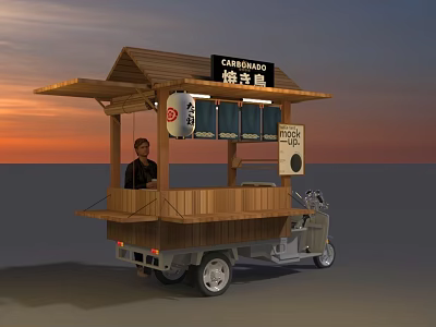 Wooden Mobile Food Cart With Cafe Bamboo Sign Selling Roasted Chestnuts At Sunset 3d model