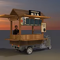 Wooden Mobile Food Cart With Cafe Bamboo Sign Selling Roasted Chestnuts At Sunset