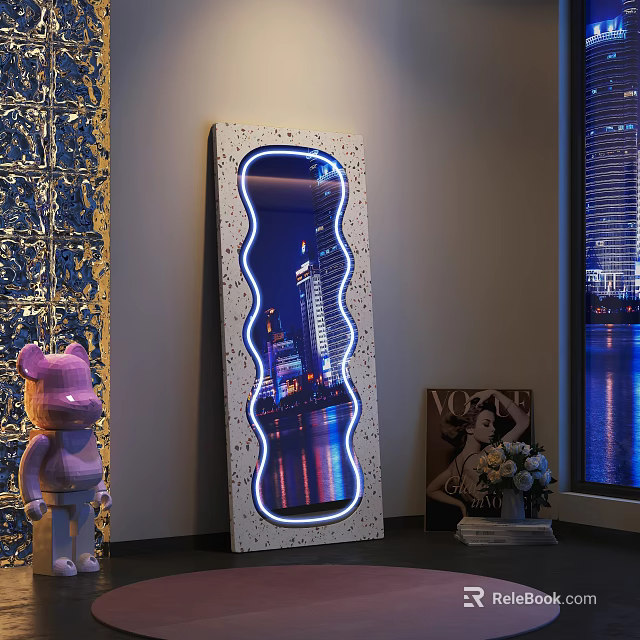 Unique Illuminated Mirror Reflecting City Night In Modern Room 3d model 