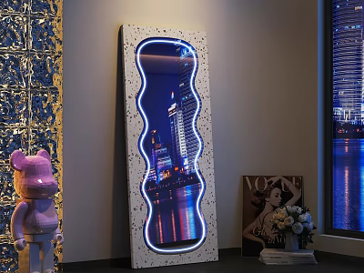 Unique Illuminated Mirror Reflecting City Night In Modern Room 3d model