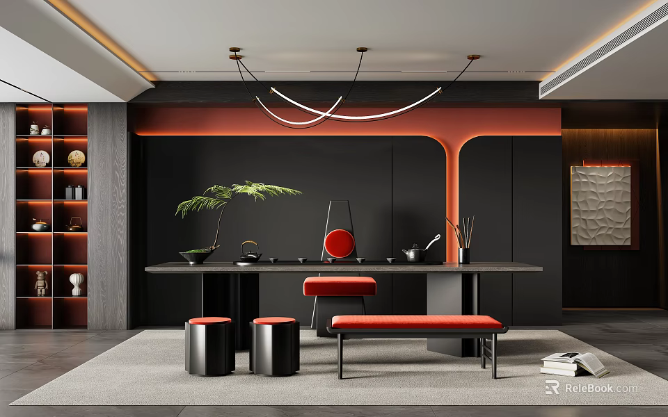 Modern Tea Room With Black Walls Orange Accents Long Table Red Stools And Green Plant 3d model 