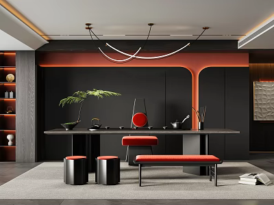 Modern Tea Room With Black Walls Orange Accents Long Table Red Stools And Green Plant 3d model