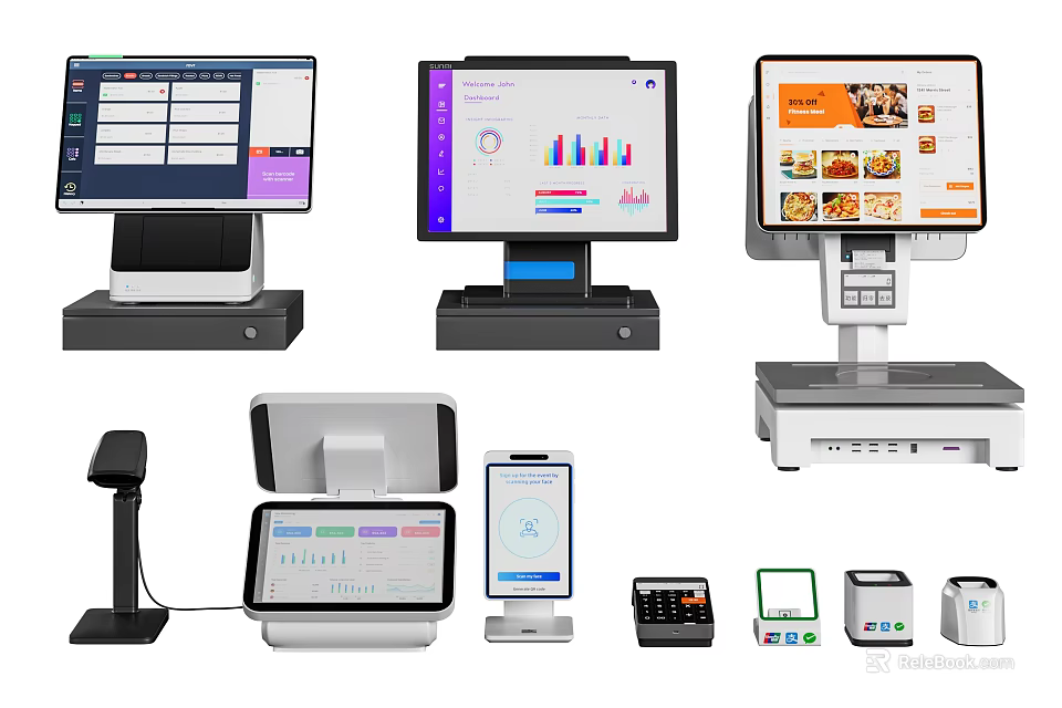 Modern Business Equipment for Retail Use with POS Systems Touchscreen Displays Printers and Scanning Devices 3d model 