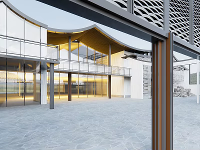 Modern Sales Office Building With Curved Roof Glass Curtain Walls Metal Frames And Stone Floor 3d model