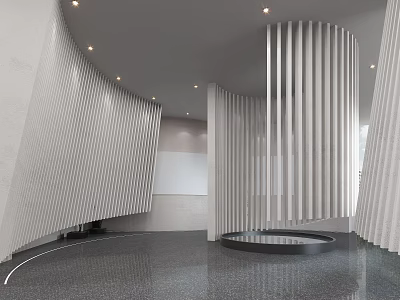 Modern Sales Office Interior With Curved Slat Walls Circular Display And Polished Floor 3d model