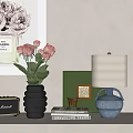Elegant Decorative Ornament Set With Pink Roses Black Vase Green Frame Blue Lamp And Books