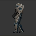 Futuristic Sci Fi Game Movie Character with Beige Blue Armor Holding Large Weapon