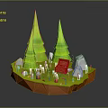 Brown Treasure Chest In 3D Scene With Green Cone Trees Stones Mushrooms On Orange Ground
