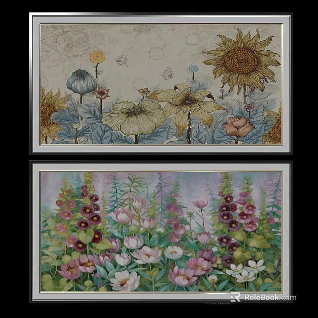 Two Piece Floral Wall Art With Sunflower Butterflies And Colorful Blooms 3d model 