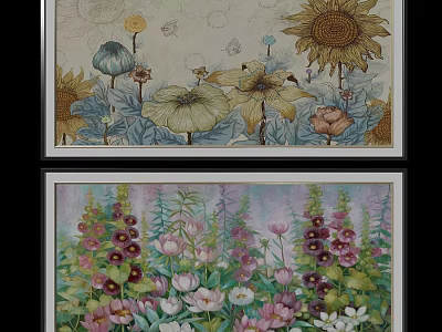 Two Piece Floral Wall Art With Sunflower Butterflies And Colorful Blooms 3d model