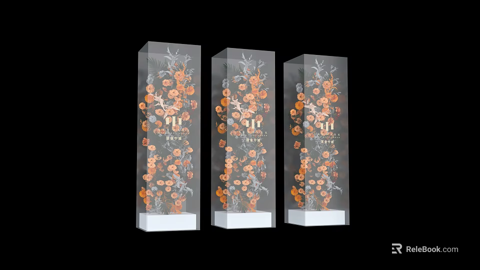 Three Transparent Glass Vases With Floral Patterns For Decorative Art 3d model 