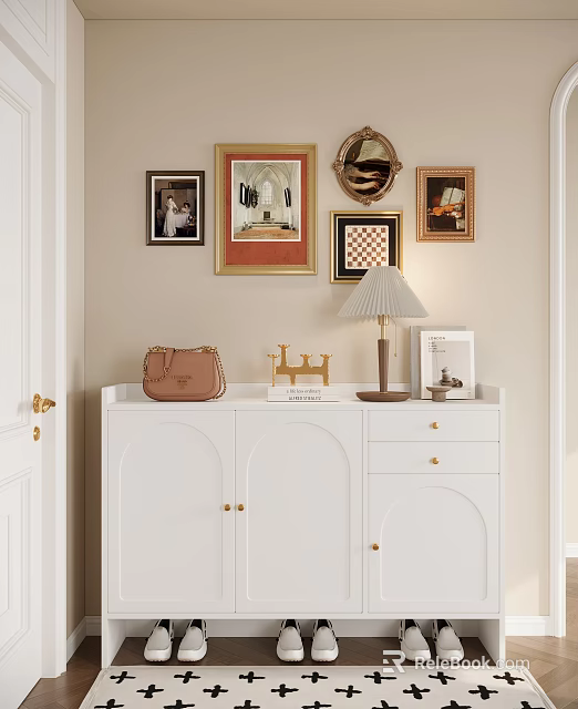 White Shoe Cabinet with Pink Handbag Golden Decor Table Lamp Book and Framed Wall 3d model 