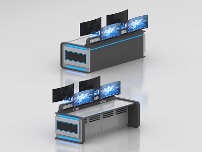 Modern Monitoring Room Control Consoles With Multiple Monitors And Blue Lighting 3d model
