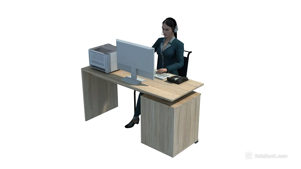 A Woman Working at Office Desk Using Computer Printer and Phone in Modern Workspace 3d model 