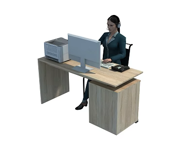 A Woman Working at Office Desk Using Computer Printer and Phone in Modern Workspace 3d model