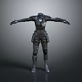 Futuristic Armored Character in Black Mechanical Suit With Extended Arms