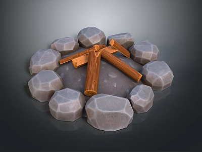 Decorative Garden Ornament With Circular Stone Arrangement And Crossed Wooden Logs 3d model