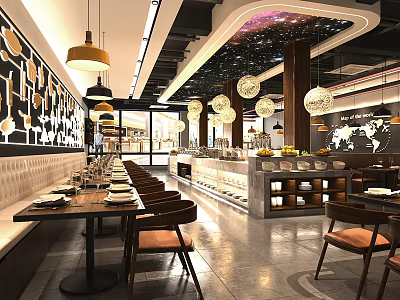 Restaurant Interior Design With Pendant Lights Wall Decor Buffet Counter And Dining Tables 3d model