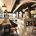 Restaurant Interior Design With Pendant Lights Wall Decor Buffet Counter And Dining Tables