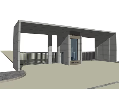 Modern Entrance Gate Design With Gray Walls Glass Door And Railings 3d model
