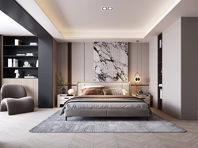 Elegant Modern Bedroom Interior With Bed Marble Wall Art Accent Chair Bookshelf And Rug 3d model