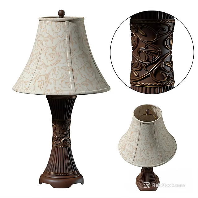 Elegant Table Lamp With Intricate Carved Base And Beige Patterned Fabric Shade 3d model 