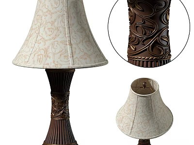 Elegant Table Lamp With Intricate Carved Base And Beige Patterned Fabric Shade 3d model