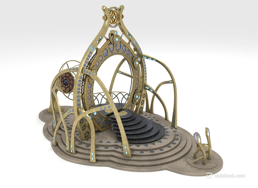 Intricate Golden Decorative Structure With Circular Arch Ornate Frames Steps And Platform Base 3d model 