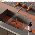 Modern Bathroom Sink With Brass Faucet Water Flowing And Liquid Soap Dispenser