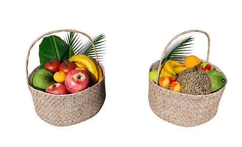 Modern Fruit Vegetable Bamboo Basket Fruit Tropical Fruit Apple Hami Melon Strawberry Banana Orange Pear Lemon 3d model