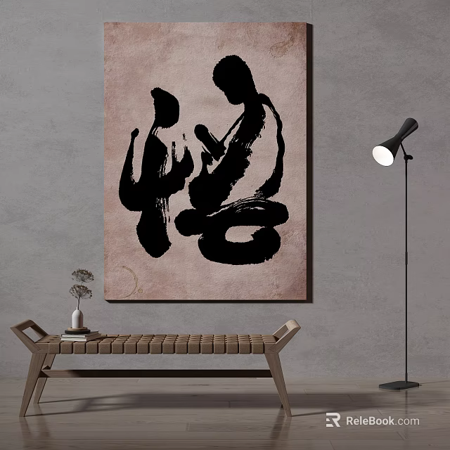 Abstract Painting With Human Figures In Modern Interior Decor With Floor Lamp And Bench 3d model 