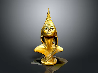 Golden Female Bust Sculpture With Unique Conical Headdress And Elegant Features 3d model