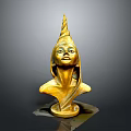 Golden Female Bust Sculpture With Unique Conical Headdress And Elegant Features