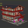 Cartoon Style Three Story House With Blue Roof Orange Eaves And Wooden Balconies