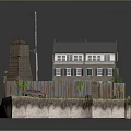 Dutch Style Multi Story Building With Windmill Fenced Area Plants And Red Car