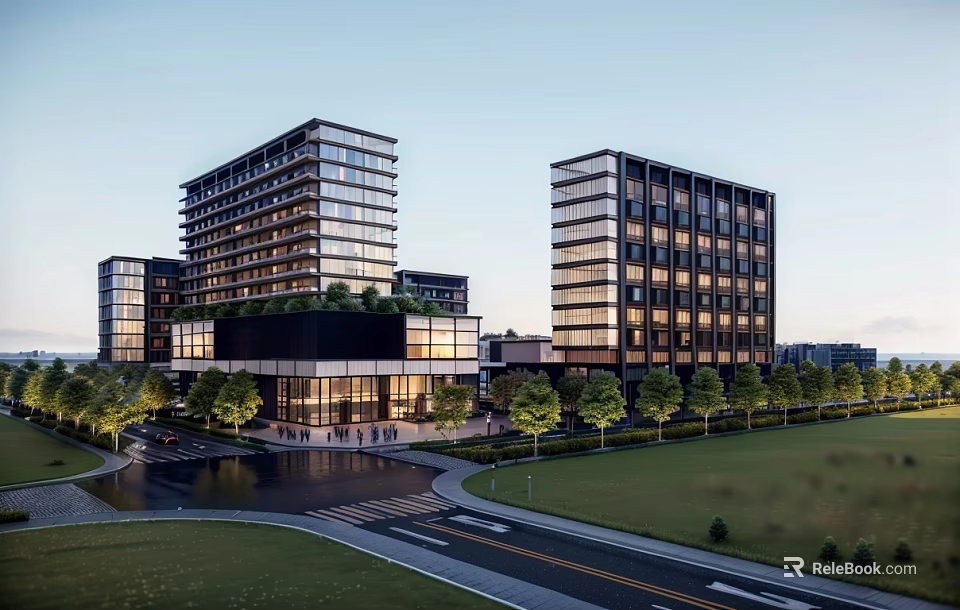 Modern High Rise Buildings With Glass Curtain Walls And Green Trees Along Road 3d model 