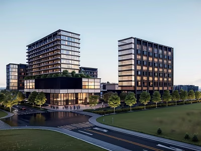 Modern High Rise Buildings With Glass Curtain Walls And Green Trees Along Road 3d model