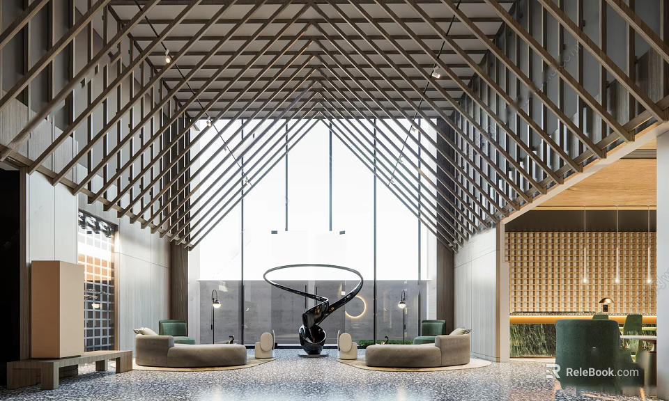 Hotel Lobby Interior With Wooden Grid Ceiling Large Windows Green Sofas And Patterned Flooring 3d model 