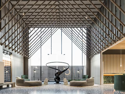Hotel Lobby Interior With Wooden Grid Ceiling Large Windows Green Sofas And Patterned Flooring 3d model