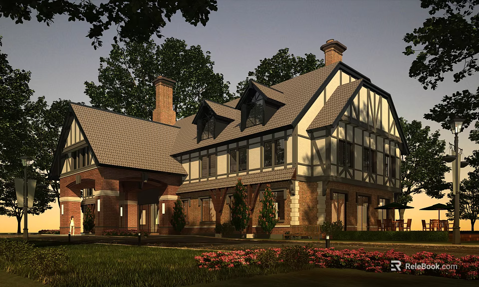 Tudor-style Detached Villa Exterior With Brick Walls Timber Framing And Landscaped Garden 3d model 