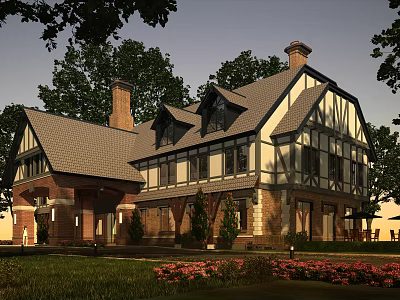Tudor-style Detached Villa Exterior With Brick Walls Timber Framing And Landscaped Garden 3d model