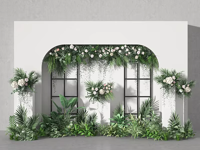 Decorative Backdrop With Arched Green Plants White Flowers And Lush Greenery 3d model