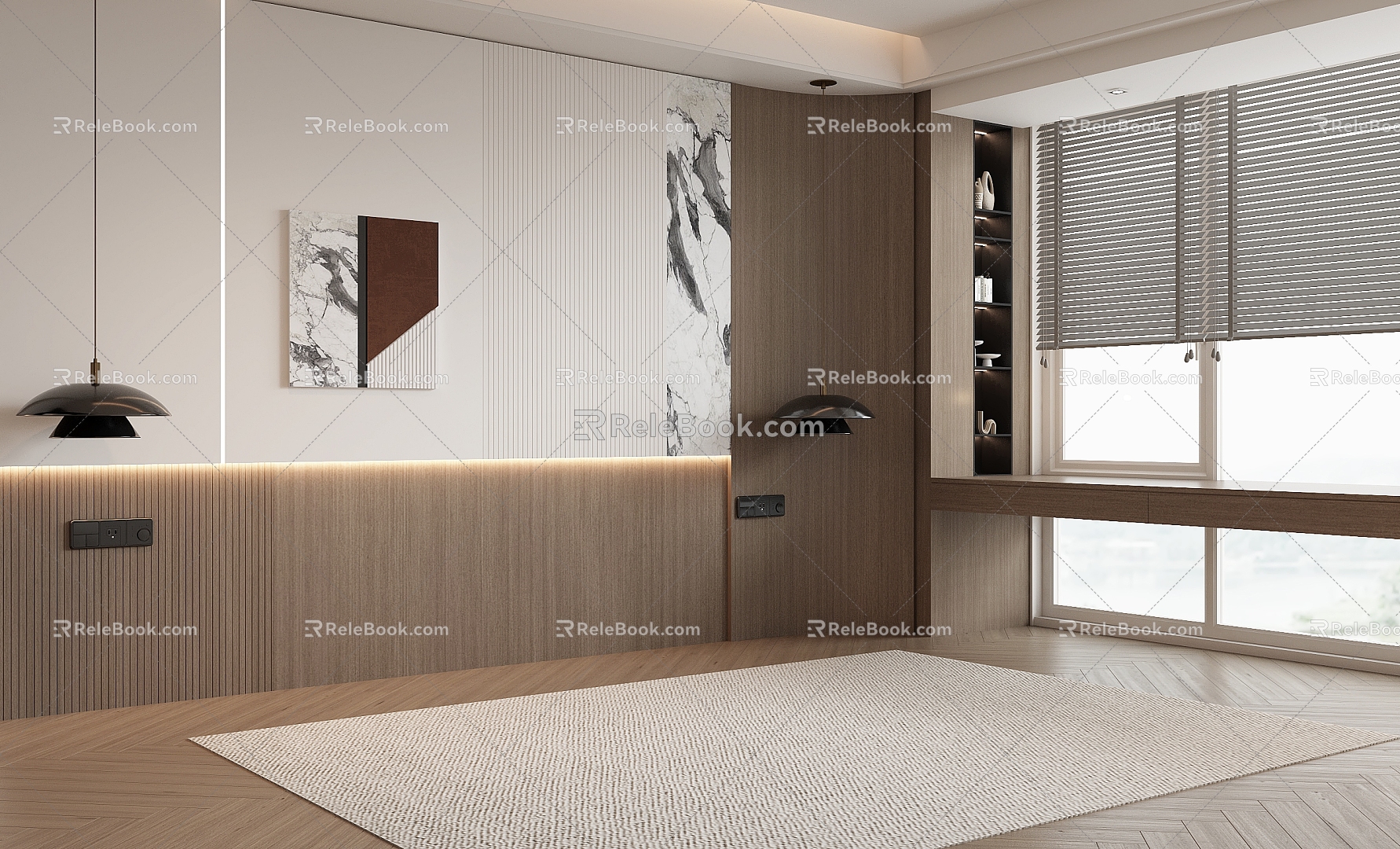 Bedside background wall hard package background wall wood veneer background wall decoration 3d model